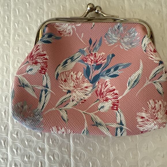 Faux Leather Kisslock Coin Purse with Pink Floral Print - Picture 2 of 3